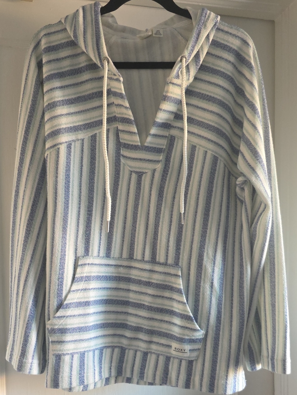 Roxy Blue & White Striped Hooded Baja Pullover Sz Large